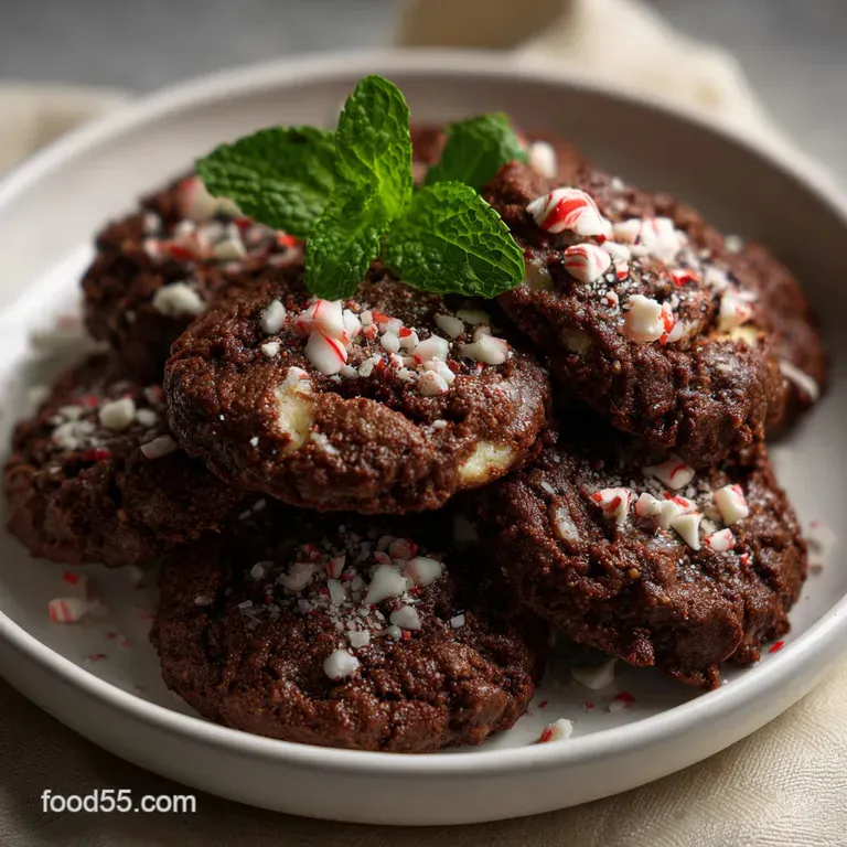 Dark, fudgy chocolate cookies artfully arranged on a white plate, dusted with powdered sugar and accented with peppermint ...