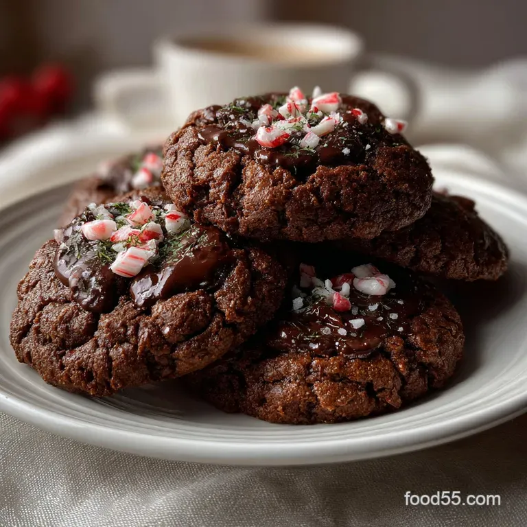 Dark, fudgy chocolate cookies sprinkled with crushed peppermint candy, arranged on a rustic wooden surface for a festive t...