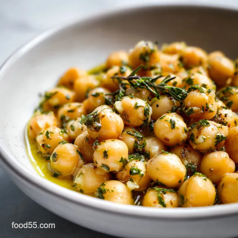 A swirl of creamy garbanzo beans nestled on a white plate, garnished with vibrant green herbs and a drizzle of golden oil.