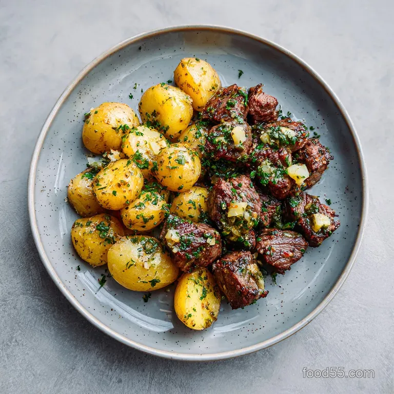 Perfectly seared beef steak slices and soft potatoes arranged artfully on a white plate, drizzled with herb-infused garlic...