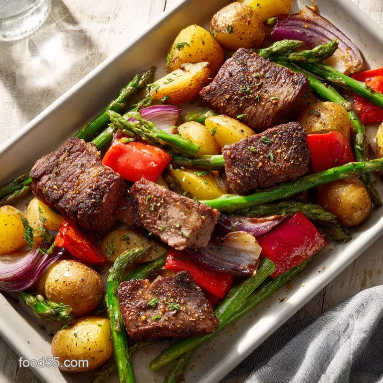 Tender steak slices and colorful bell peppers artfully arranged on a white plate with fresh herbs.