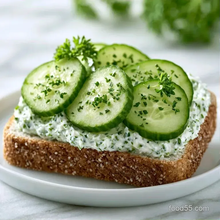 Delicate crustless finger sandwiches arranged on a white platter, topped with translucent cucumber and herb sprigs.