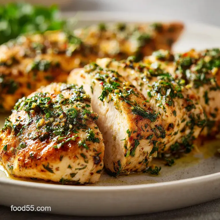 Perfectly cooked chicken breast, sliced and fanned out, showcasing its juicy interior; garnished with fresh herbs on a cle...