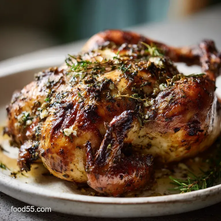 Perfectly carved rotisserie chicken breast on a plate, skin crisp and golden, alongside vibrant green herbs and a lemon we...