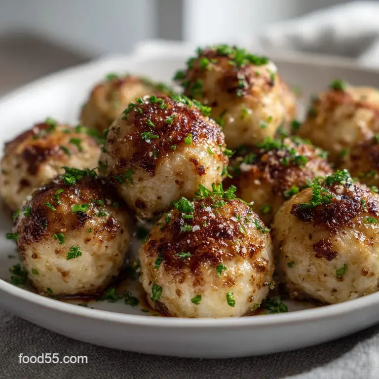 A perfectly plated portion of juicy garlic meatballs in rich tomato sauce, adorned with grated parmesan and a sprig of bas...
