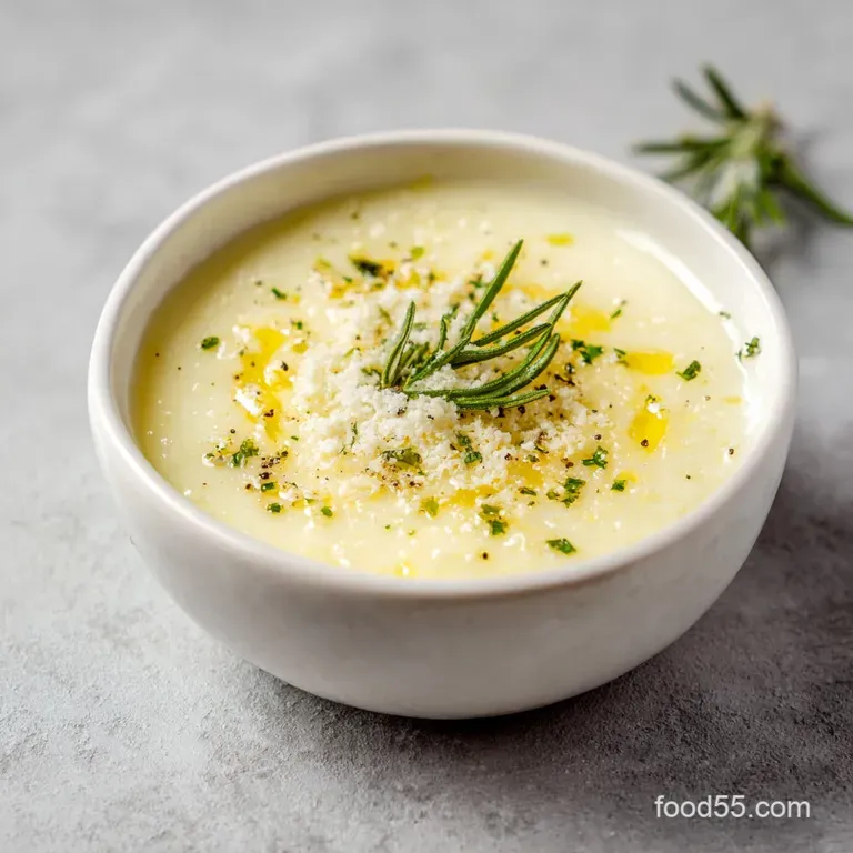 Silky, off-white sauce artistically drizzled over a clean white plate, finished with a sprig of fresh parsley.