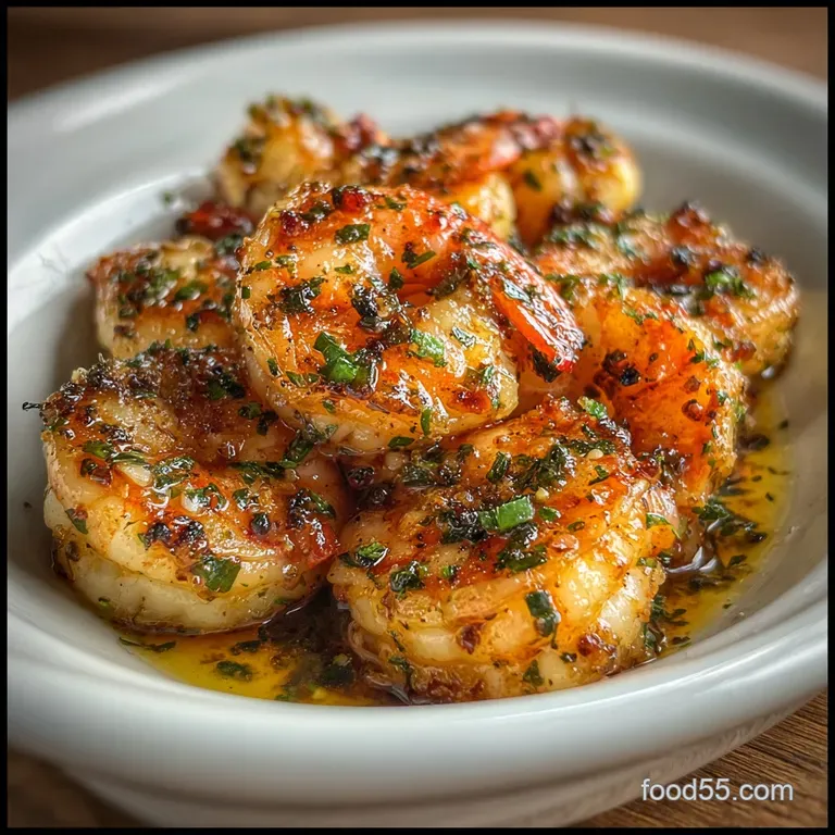 Elegant appetizer plate featuring juicy garlic shrimp on colorful skewers, artfully arranged with a sprig of fresh greenery.