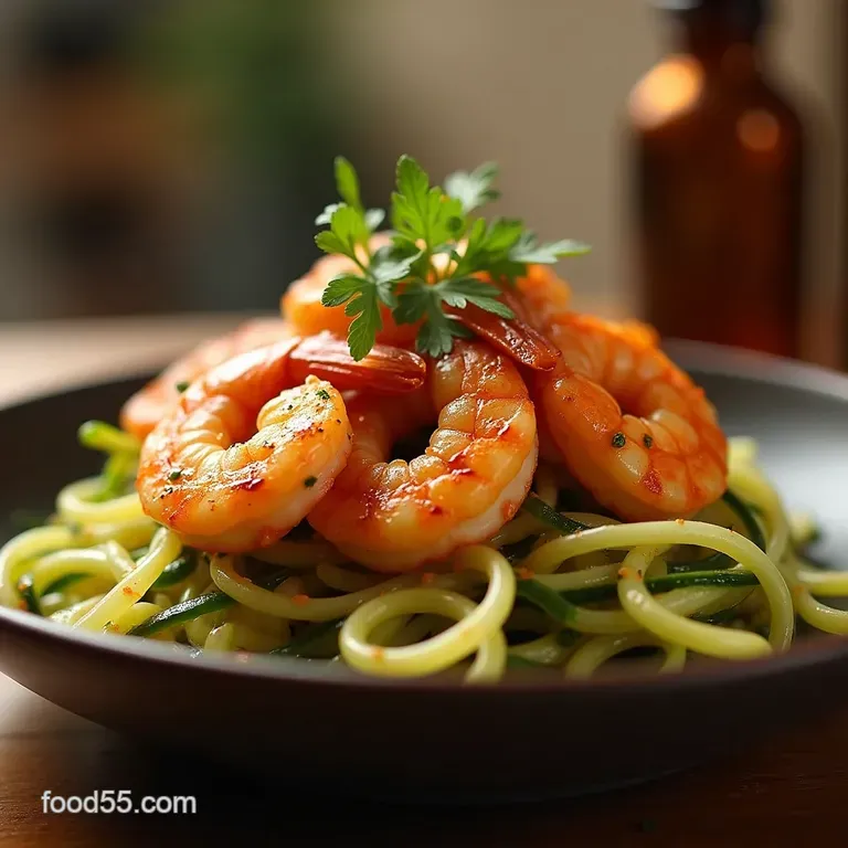 A Proper Kick Speedy Garlic Chilli Shrimp with Summer Zoodle Ribbons presentation