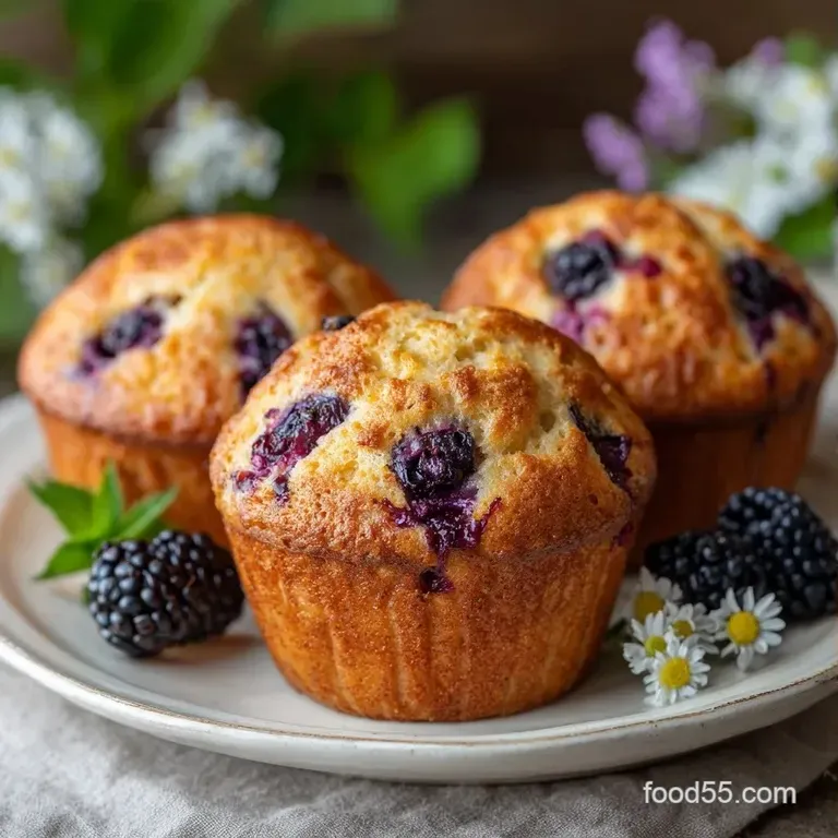 A stack of fluffy purple-streaked cakes on a white ceramic plate beside a small bowl of fresh berries