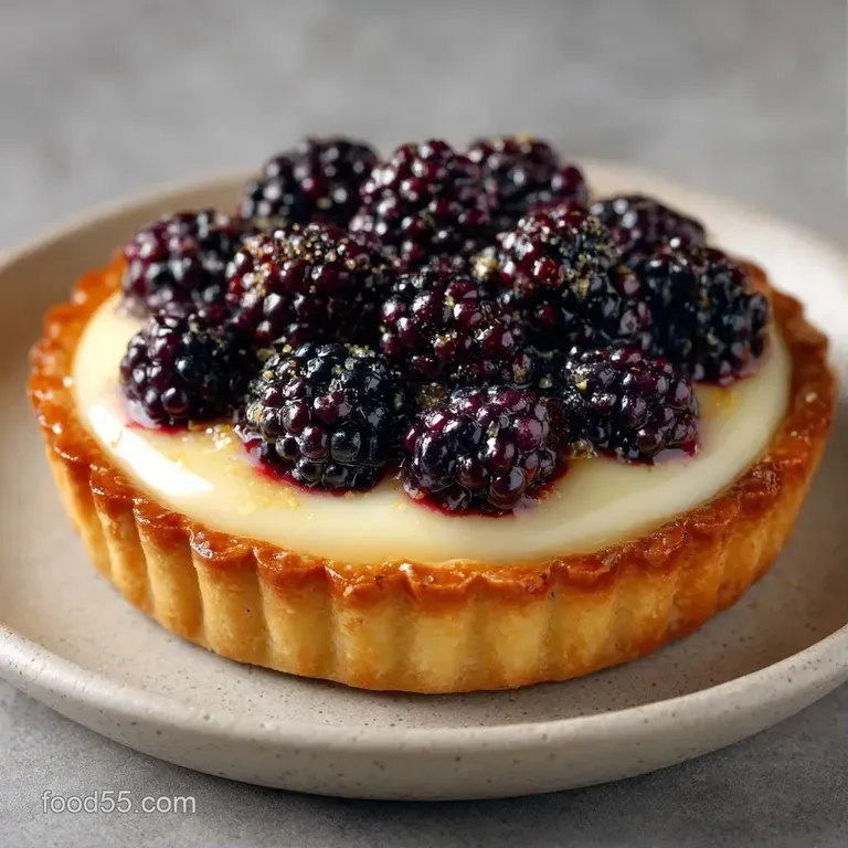 A slice of berry tart on a white ceramic plate with a dollop of whipped cream and a sprig of fresh green mint.