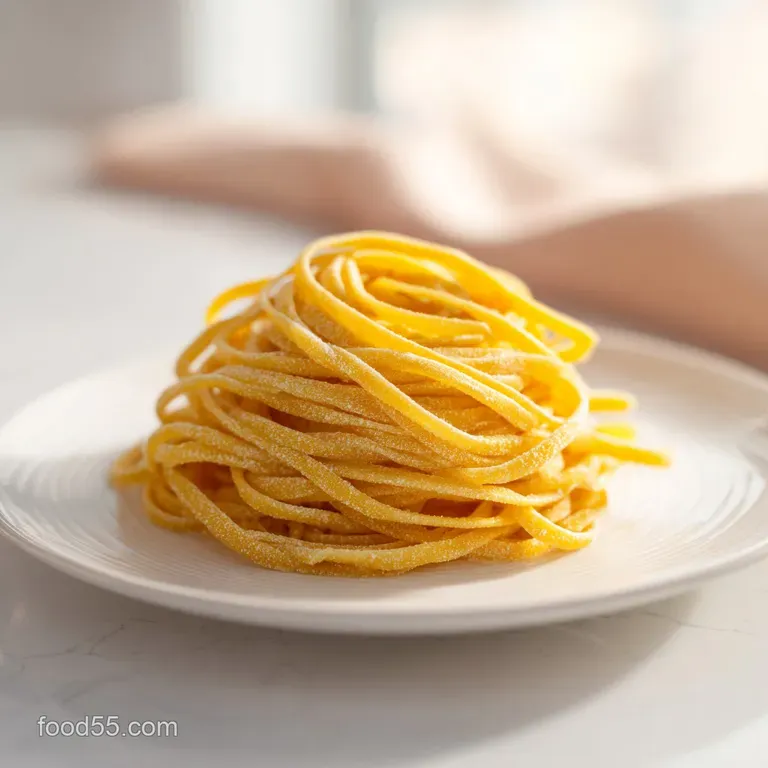 Elegant swirl of tender pasta nests on a matte white plate, garnished with a dusting of parmesan and black pepper