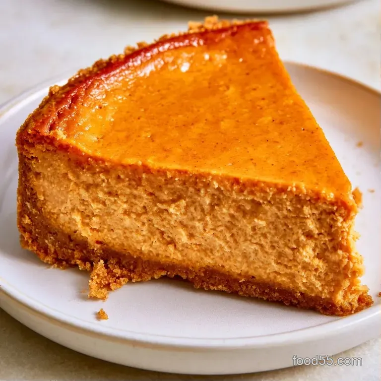 A smooth slice of orange-hued cake on a white plate, dusted with cinnamon and topped with a swirl of cream.