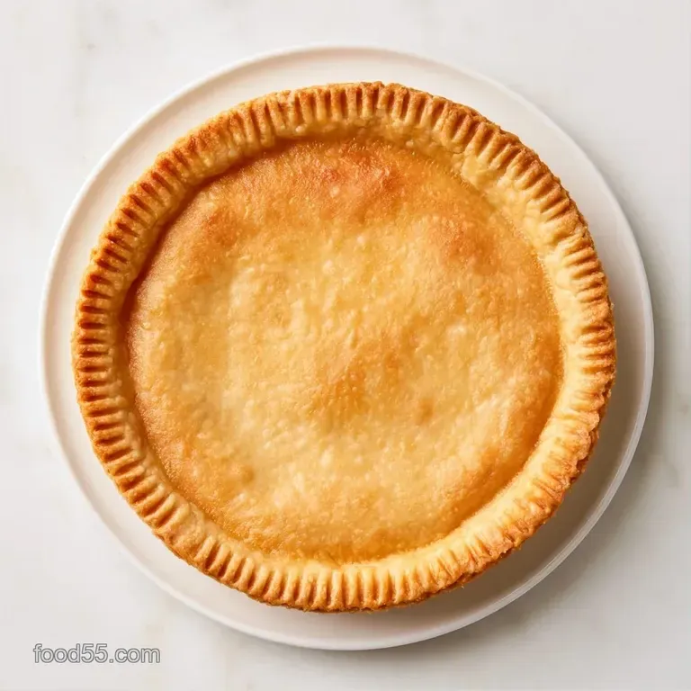 A rustic pie shell with crimped edges resting on a weathered wooden board, dusting of flour on the surface.