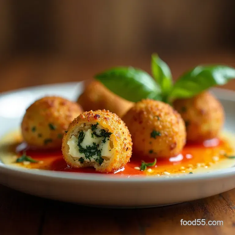 Golden Balls Baked Mini Spinach Sausage Mozzarella Arancini presentation