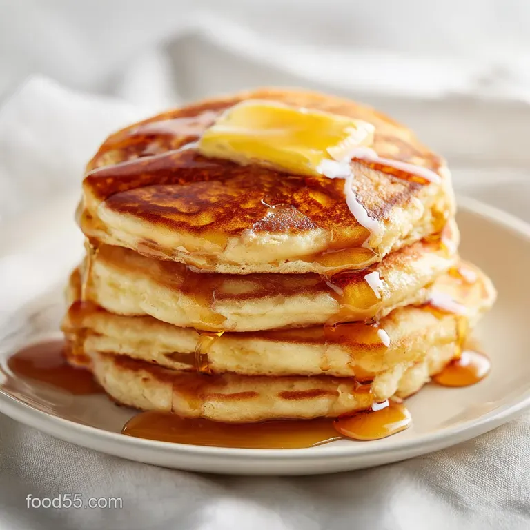 A tall stack of thick, golden cakes topped with fresh berries and syrup, served on a ceramic plate with a linen napkin.