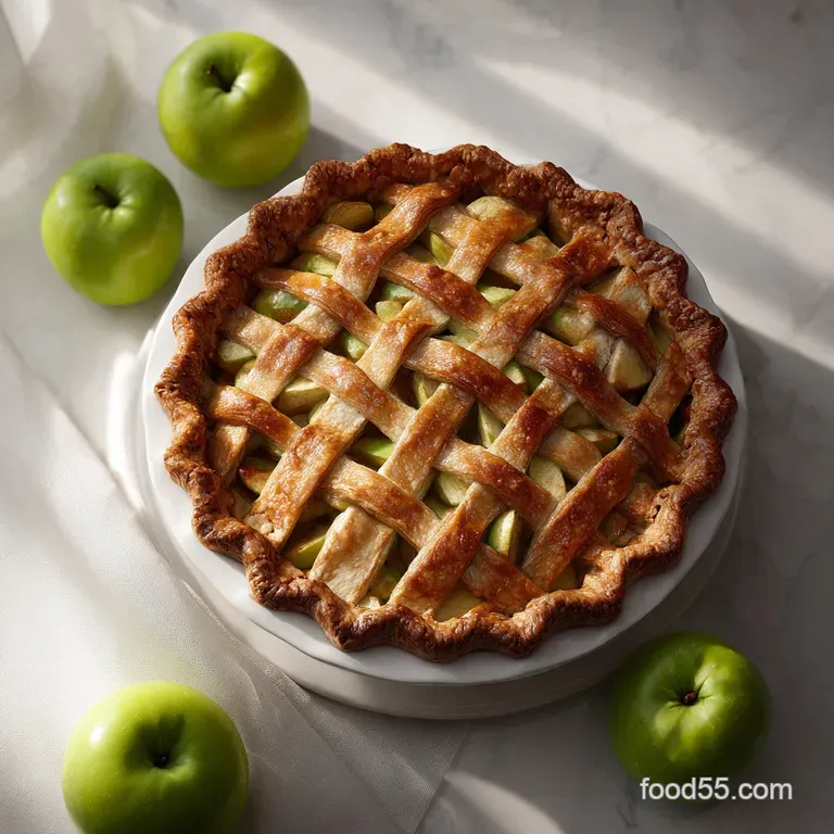 Slice of warm apple pie with flaky crust, served on a white plate. Vanilla ice cream melting slightly on top, creating cre...