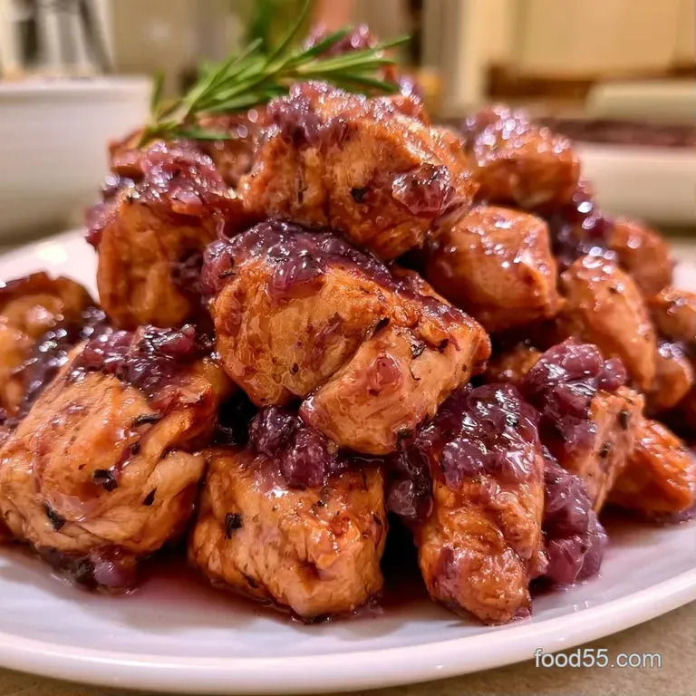 Plated golden chicken thighs in a glossy purple sauce, garnished with halved red grapes and aromatic rosemary.