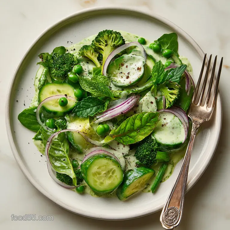 Artfully arranged green goddess salad. Sliced avocado fans across the vibrant greens, glistening with a light, herby dress...