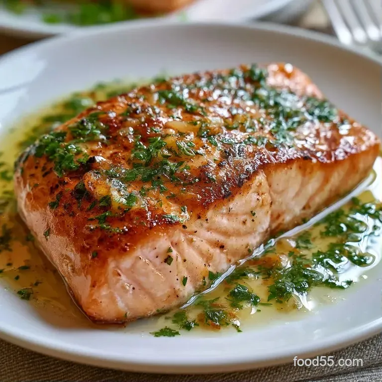 Flaky pink fish fillet served on a bed of bright green asparagus with a drizzle of glossy lemon butter sauce.