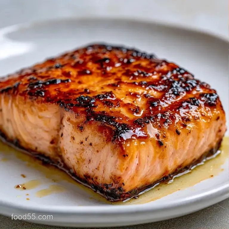 A pink salmon fillet resting on steamed asparagus with a drizzle of lemon butter on a clean white ceramic plate.