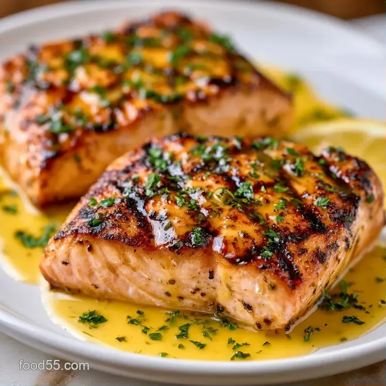 Seared pink fillet resting on wilted spinach with a buttery yellow sauce and a thin lemon slice garnish.