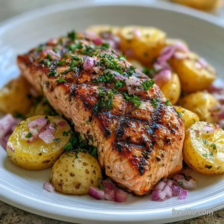 Charred salmon fillet placed atop crispy cubed potatoes with a sprinkle of chives on a minimalist white dinner plate.