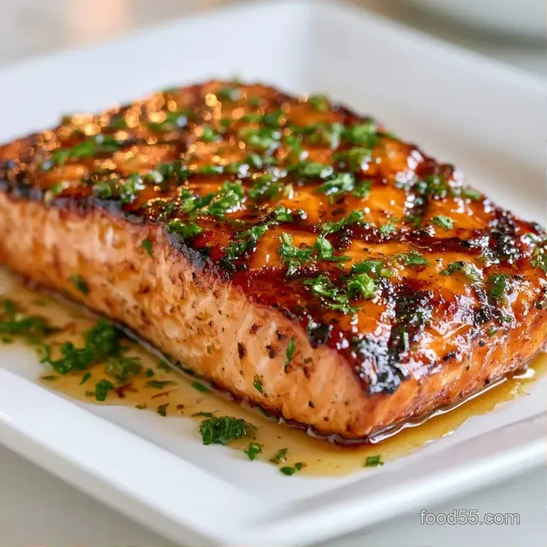 Elegant plated pink salmon fillet with dark sear marks atop a bed of vibrant green asparagus and gold carrots.