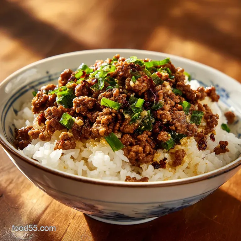 Savory beef and fluffy rice piled high on a clean white plate, garnished with bright green herbs and black pepper.