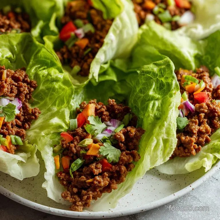 Crisp lettuce cups overflow with savory ground beef. Glistening, light-brown sauce pools around the filling on a white plate.