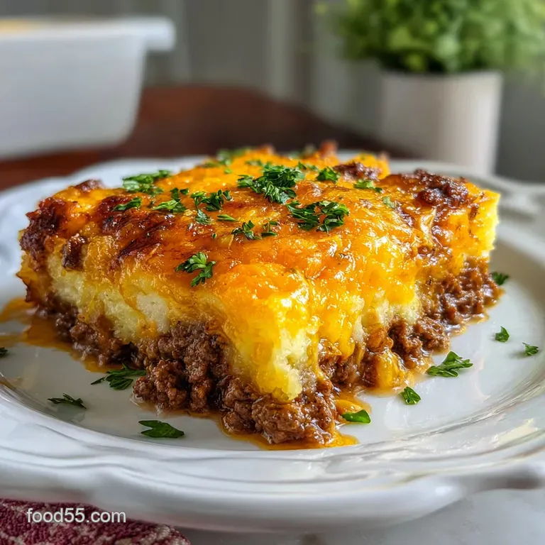 A generous portion of the casserole with steaming ground beef and tender potatoes, garnished with fresh parsley on a white...