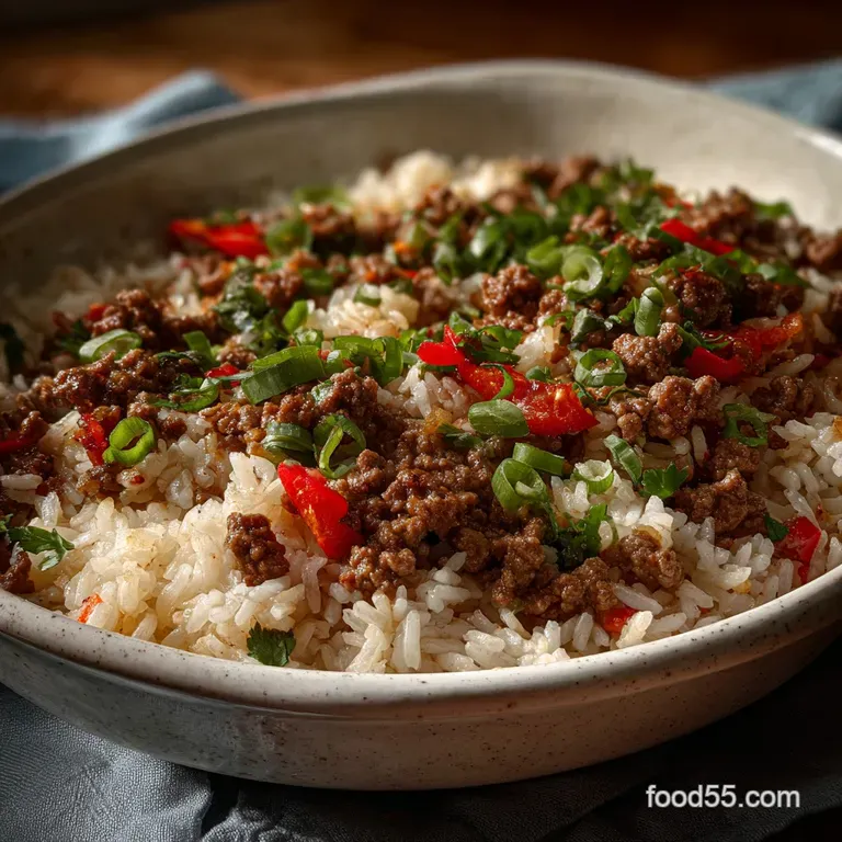 Close-up of a serving of ground beef and rice, garnished with fresh parsley, reflecting light, showing steam rising off th...
