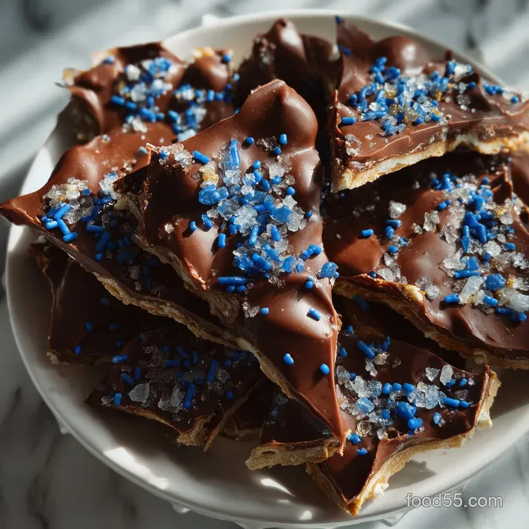 Elegant shards of chocolate bark arranged on a white serving platter. The dark chocolate contrasts beautifully with the bl...