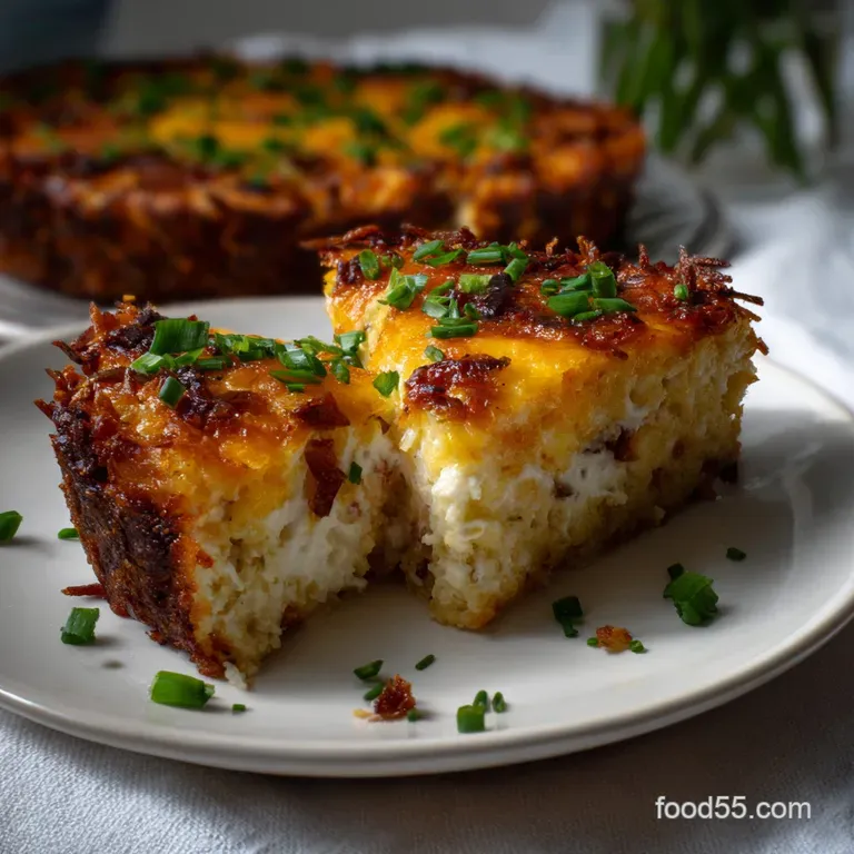 Slice of quiche presented on a white plate; the savory filling contrasted by the crispy, textured hash brown crust.