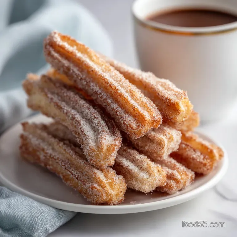 A small white bowl holds warm churro bites, generously coated with cinnamon sugar. A delicate dipping sauce sits alongside...