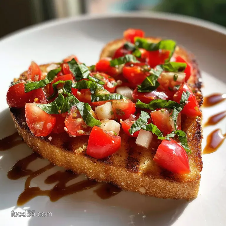 Artistic arrangement of heart-shaped bruschetta on a white plate, drizzled with olive oil and balsamic glaze.