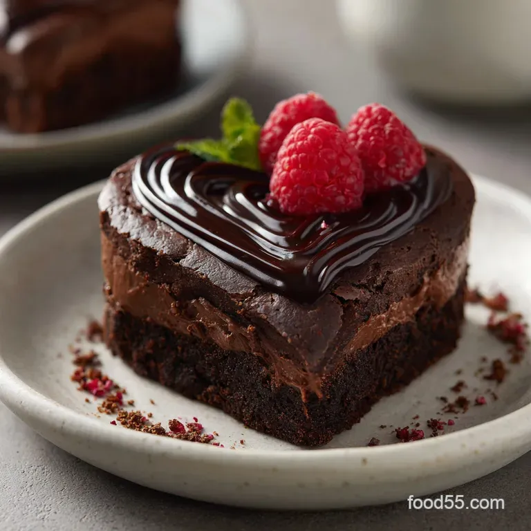 A heart-shaped chocolate brownie cheesecake elegantly plated, dusted with powdered sugar.
