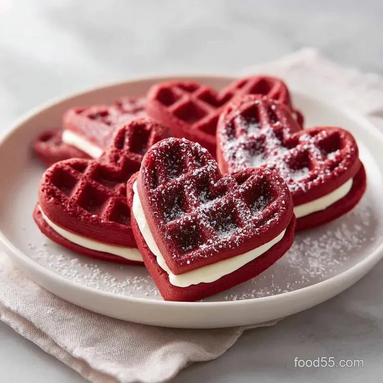 A single heart waffle, adorned with fresh raspberries, blueberries, powdered sugar, and a dollop of whipped cream on a whi...