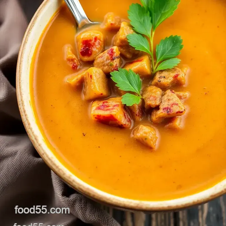 Hearty Pumpkin Soup with Savory Meat presentation