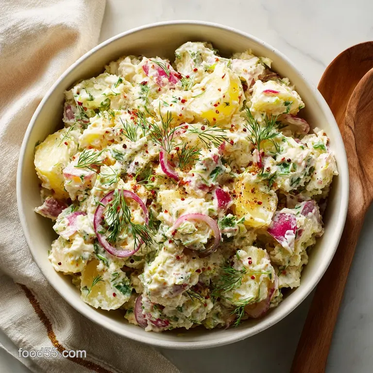 A generous scoop of potato salad, plated, with paprika dusting, and a sprig of parsley for fresh color. Inviting.