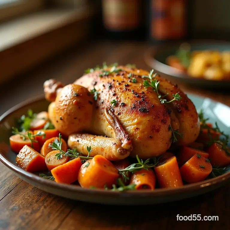 The Golden Bird Ultracrispy Herbcrusted Roasted Chicken with Autumn Root Vegetables presentation