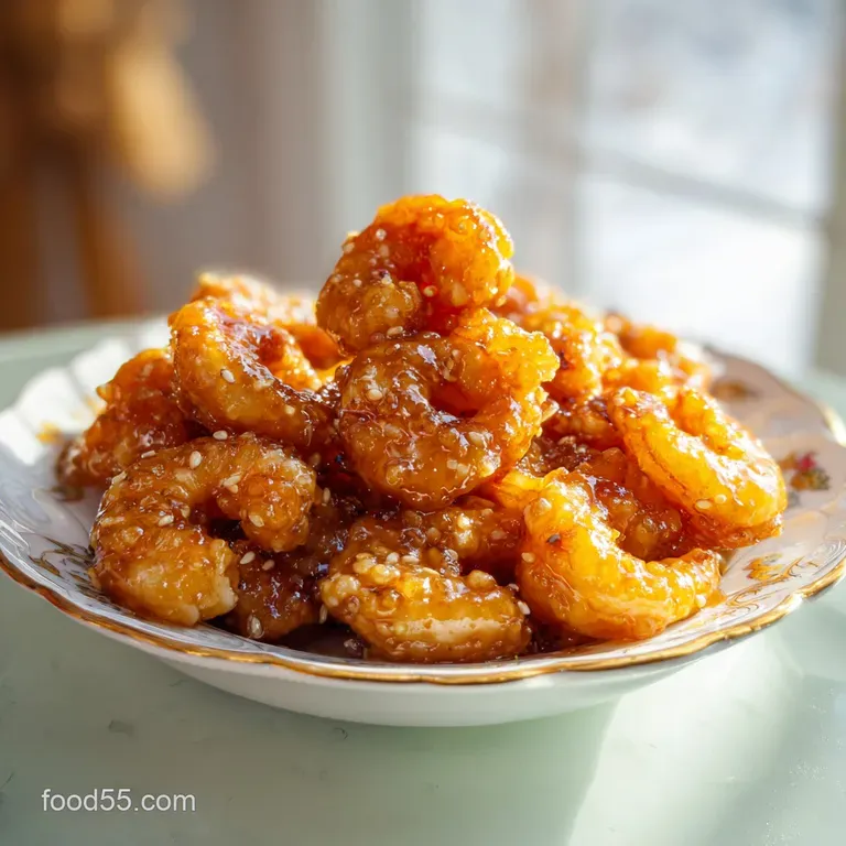 Plump, glazed shrimp arranged on a ceramic plate with steamed broccoli and a sprinkle of toasted sesame seeds.