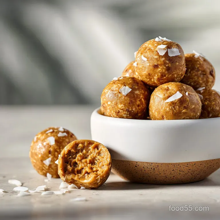 A trio of smooth, brown peanut butter balls on a small plate, garnished with chopped nuts and a drizzle of honey. Yummy!