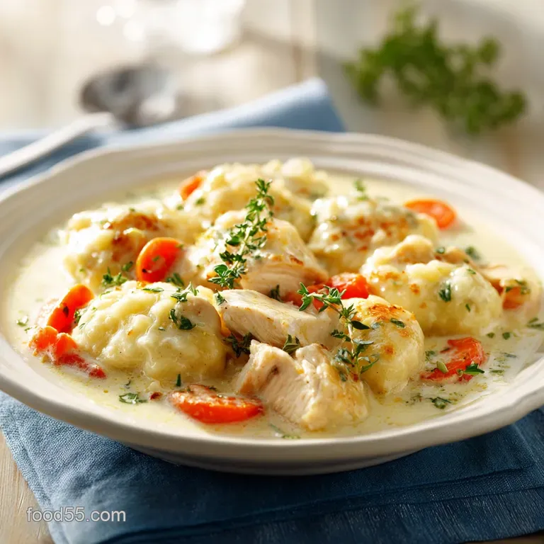 A single serving of tender chicken and dumplings in a white bowl, garnished with fresh parsley and a drizzle of cream.