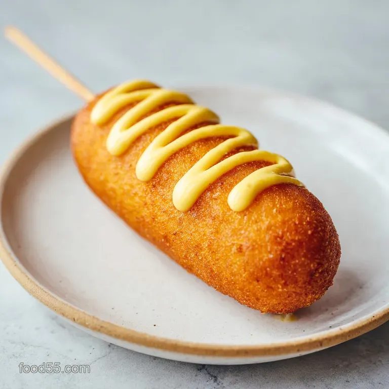 Perfectly fried corn dog standing tall in a rustic holder, glistening with a honey mustard glaze. Casual yet appealing.