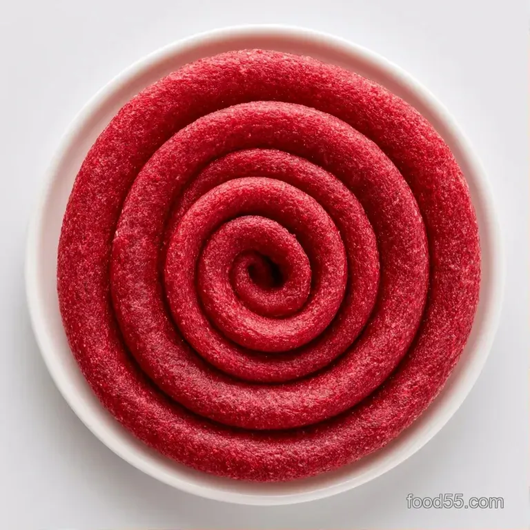 Translucent purple fruit strips rolled neatly on a rustic wooden board, accented by a few fresh, plump blueberries.