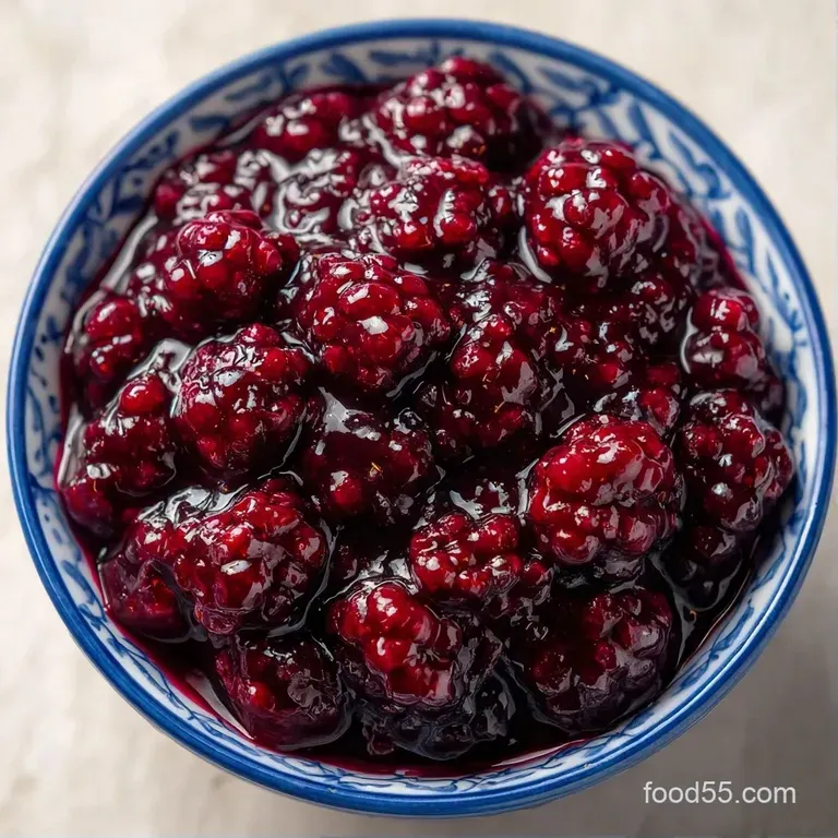 A dollop of shimmering violet fruit preserve atop a toasted brioche slice, garnished with a fresh mulberry leaf.