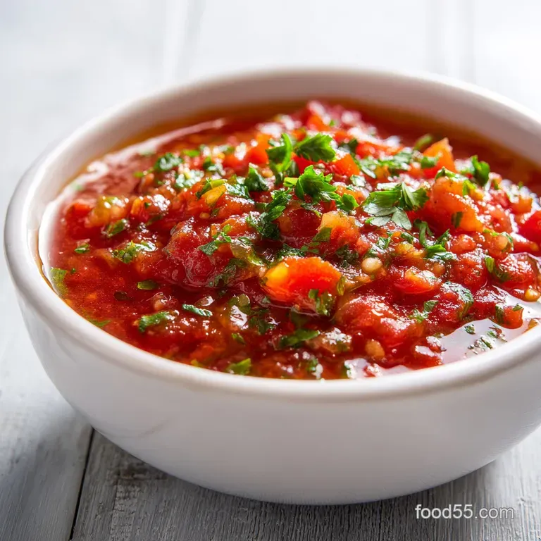 A glistening bowl of bright red salsa, artfully garnished with fresh lime wedges and a sprinkle of chili flakes.