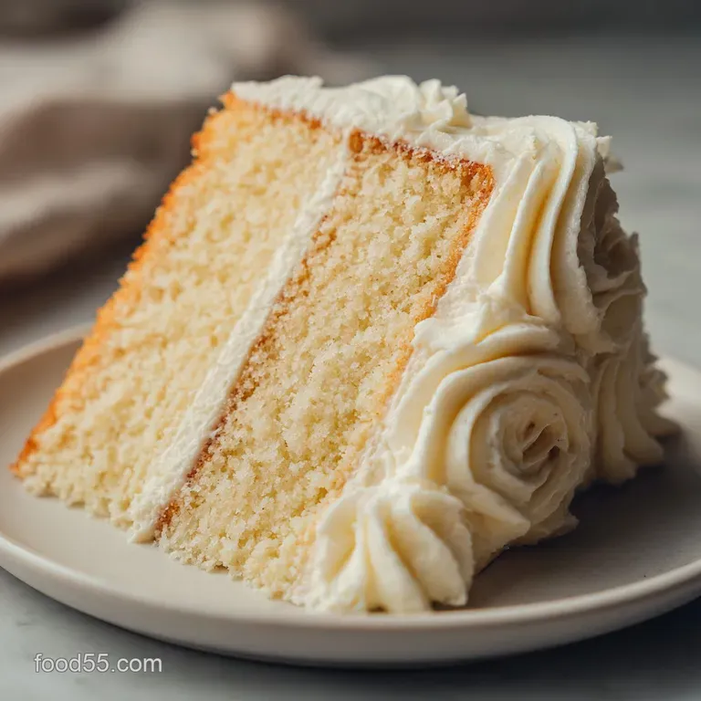 A slim slice of airy white cake on a ceramic plate, topped with a swirl of cream and a single fresh raspberry.