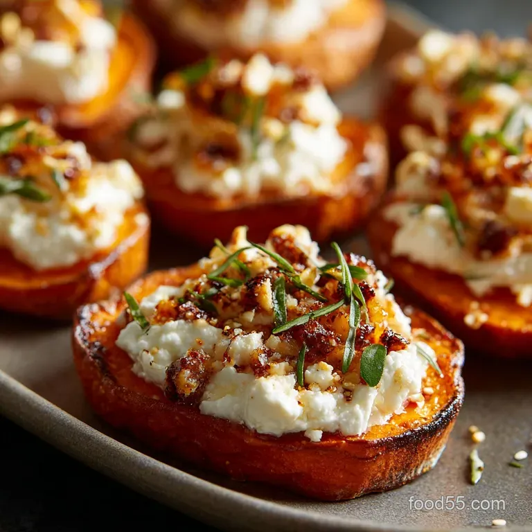 Honey Feta Sweet Potato Rounds with Whipped Feta and Hot Honey Glaze presentation
