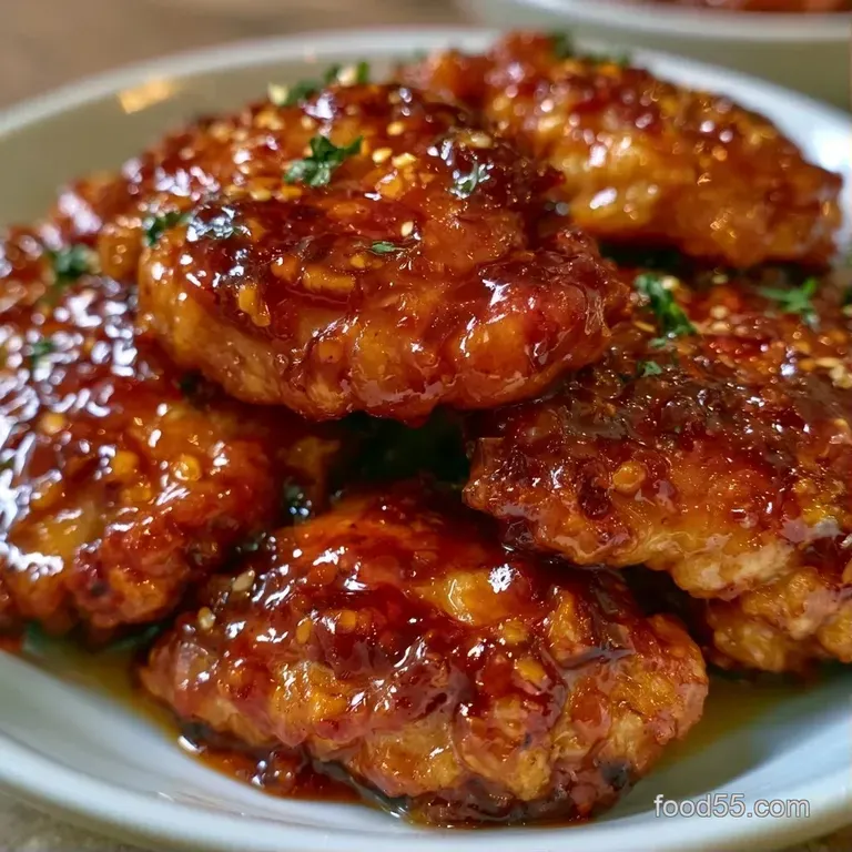 Golden glazed chicken thighs on a white plate, drizzled with honey sauce and topped with toasted sesame seeds.